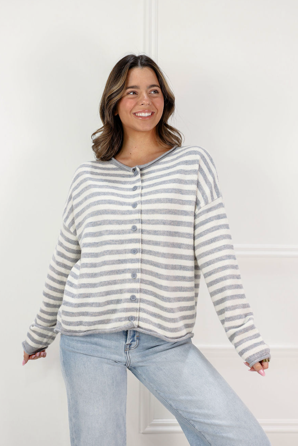 Grey Stripe Cardigan - Clothe Boutique