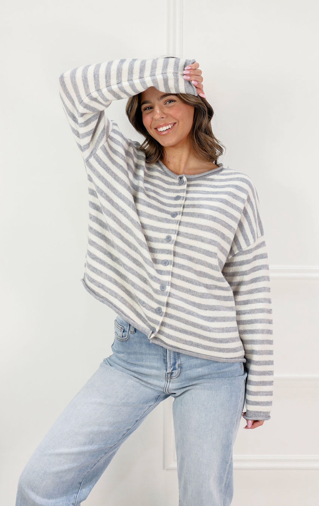 Grey Stripe Cardigan - Clothe Boutique