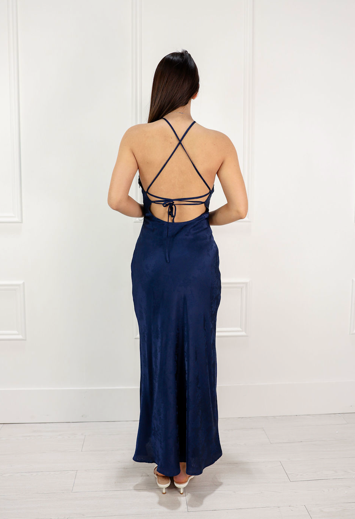 Navy Satin Halter Midi Dress - Clothe Boutique