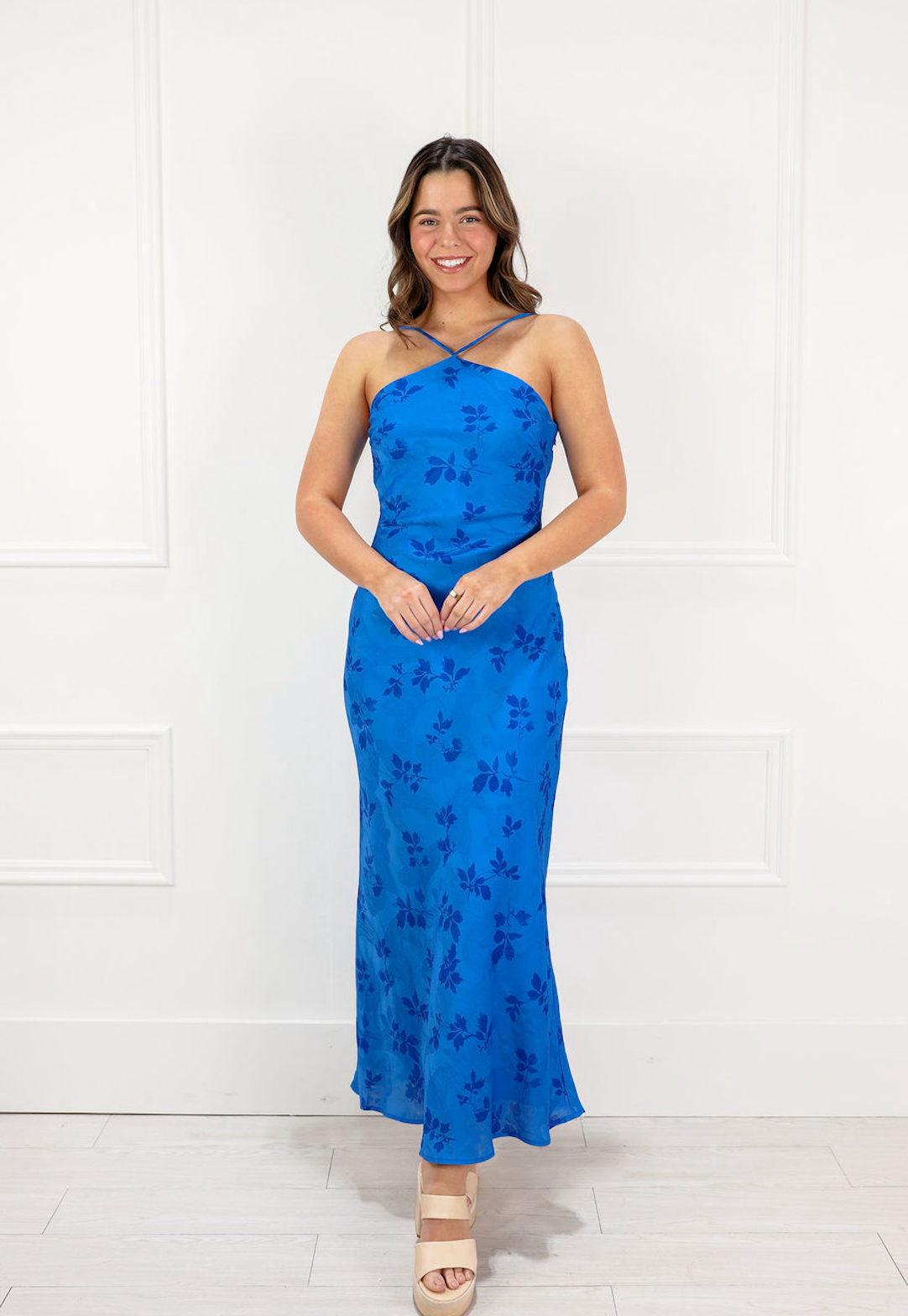 Blue Floral Halter Midi Dress - Clothe Boutique