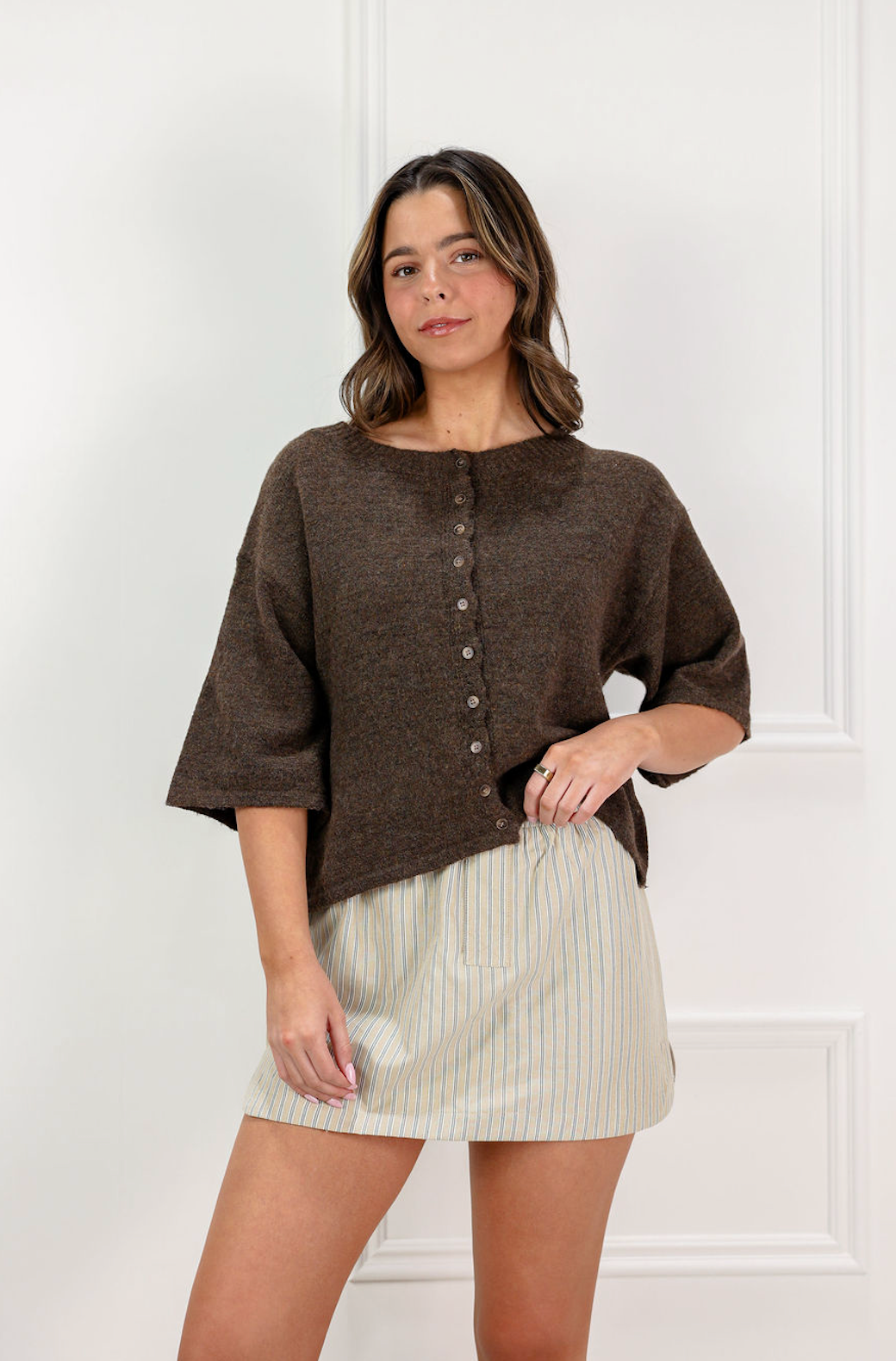 Button Front Short Sleeve Cardi Brown - Clothe Boutique
