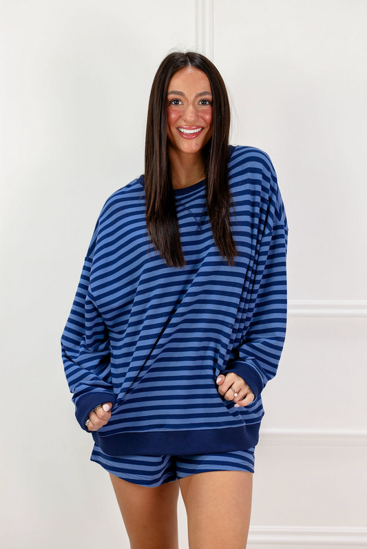 Oversize Stripe Sweatshirt & Shorts Set of 2 Blue - Clothe Boutique