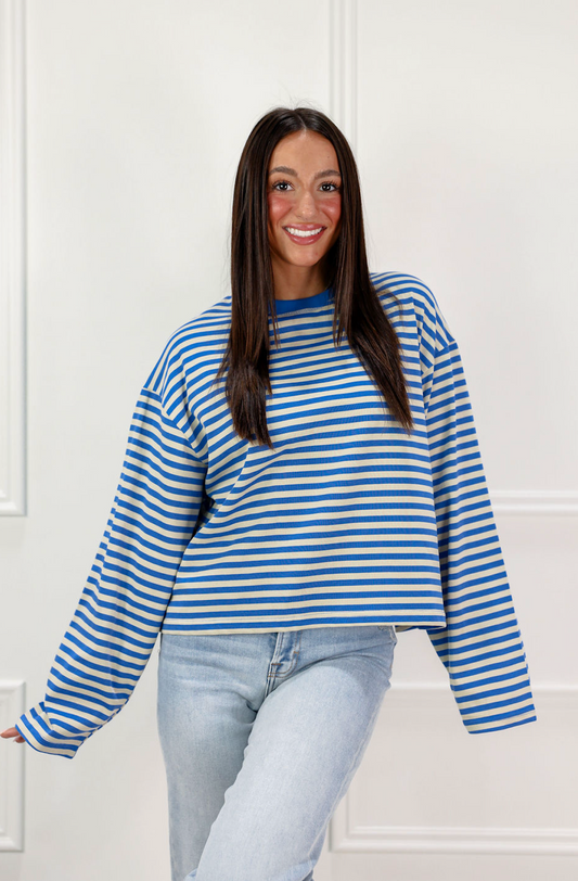 Stripe Long Sleeve Top Khaki/Blue - Clothe Boutique