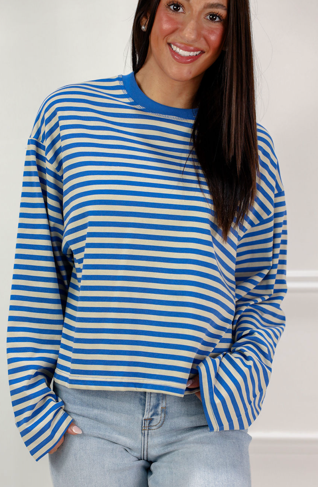 Stripe Long Sleeve Top Khaki/Blue - Clothe Boutique