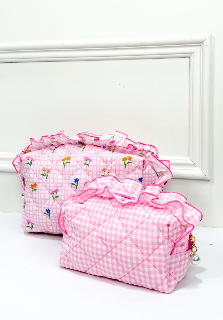 Pink Gingham Frilly Zip Pouch - Clothe Boutique