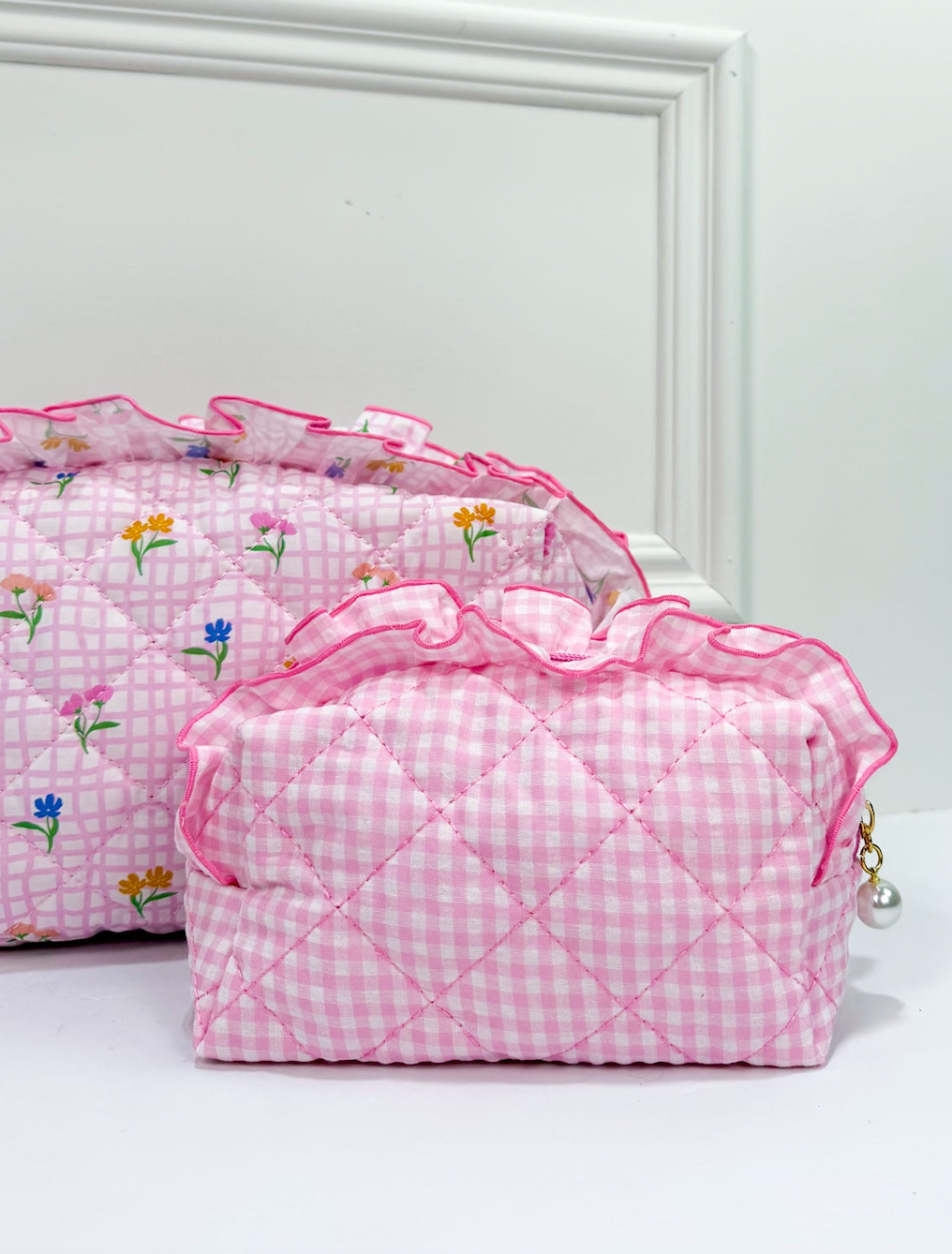 Pink Gingham Frilly Zip Pouch - Clothe Boutique