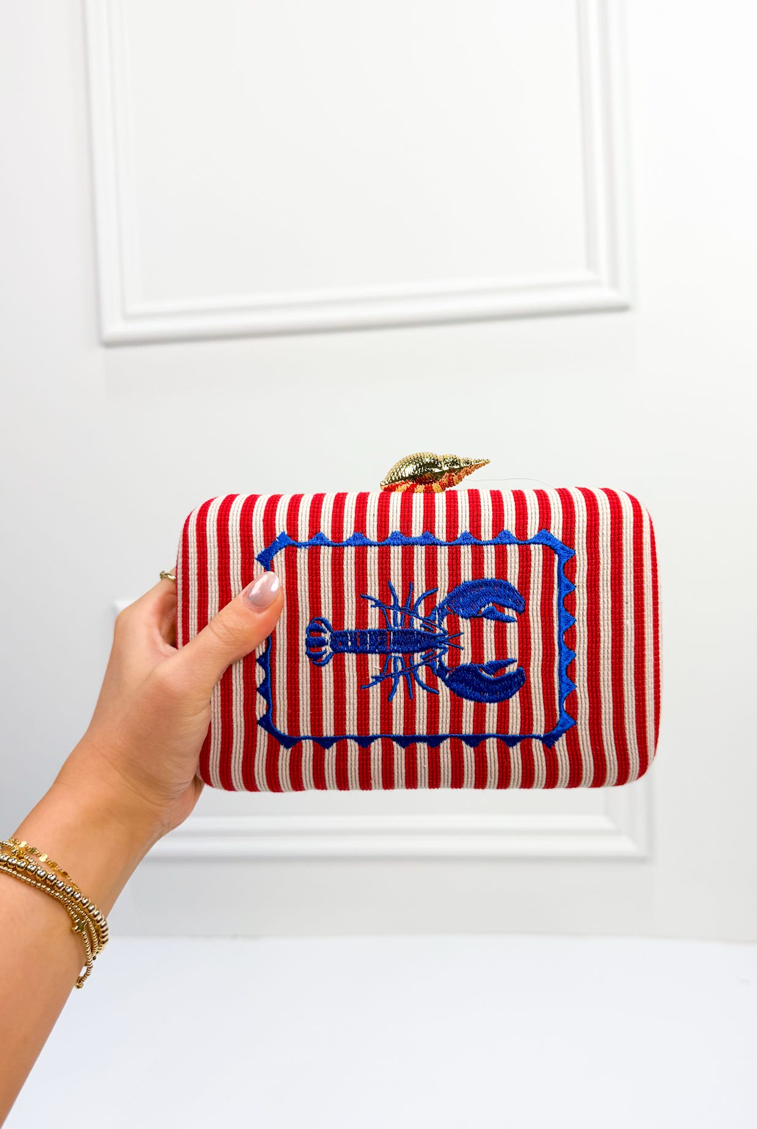 Embroidered Stripe Lobster Clutch
