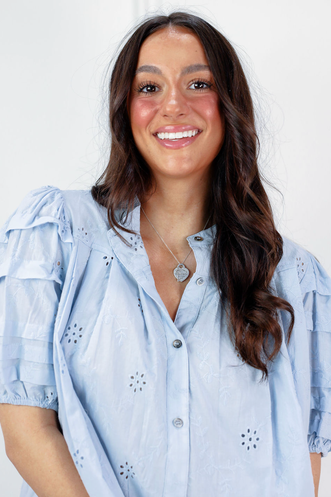 Eyelet Puff Sleeve Blouse Sky - Clothe Boutique