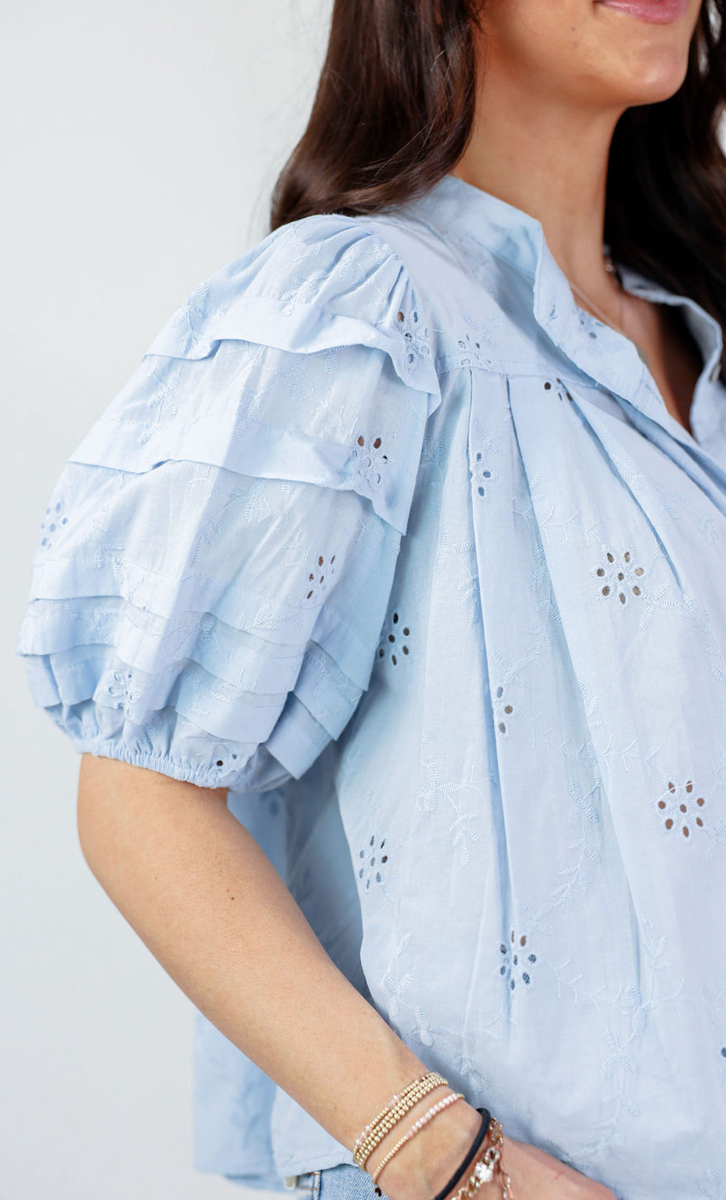 Eyelet Puff Sleeve Blouse Sky - Clothe Boutique