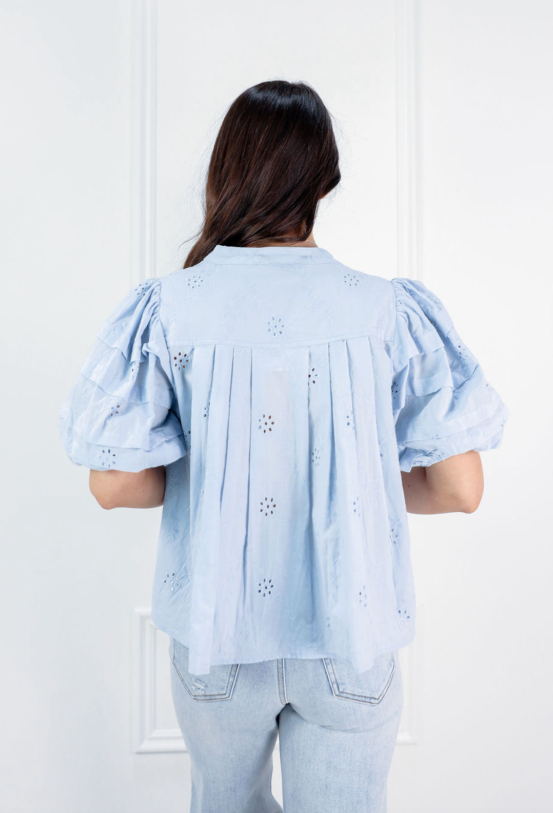 Eyelet Puff Sleeve Blouse Sky - Clothe Boutique