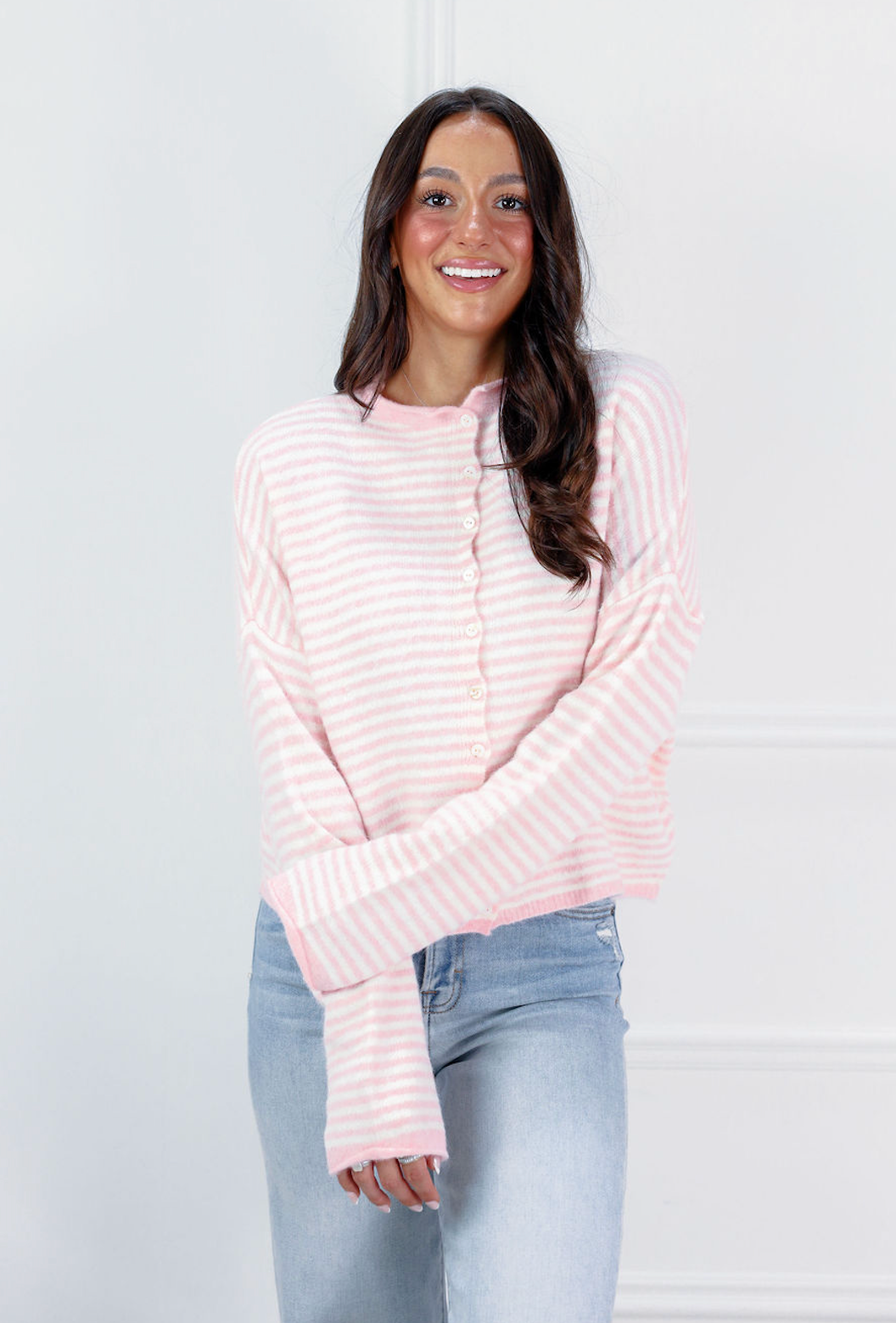 Button Down Cardi Light Pink Stripes - Clothe Boutique
