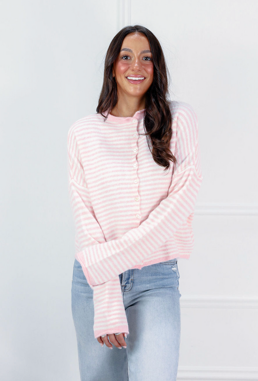 Button Down Cardi Light Pink Stripes - Clothe Boutique