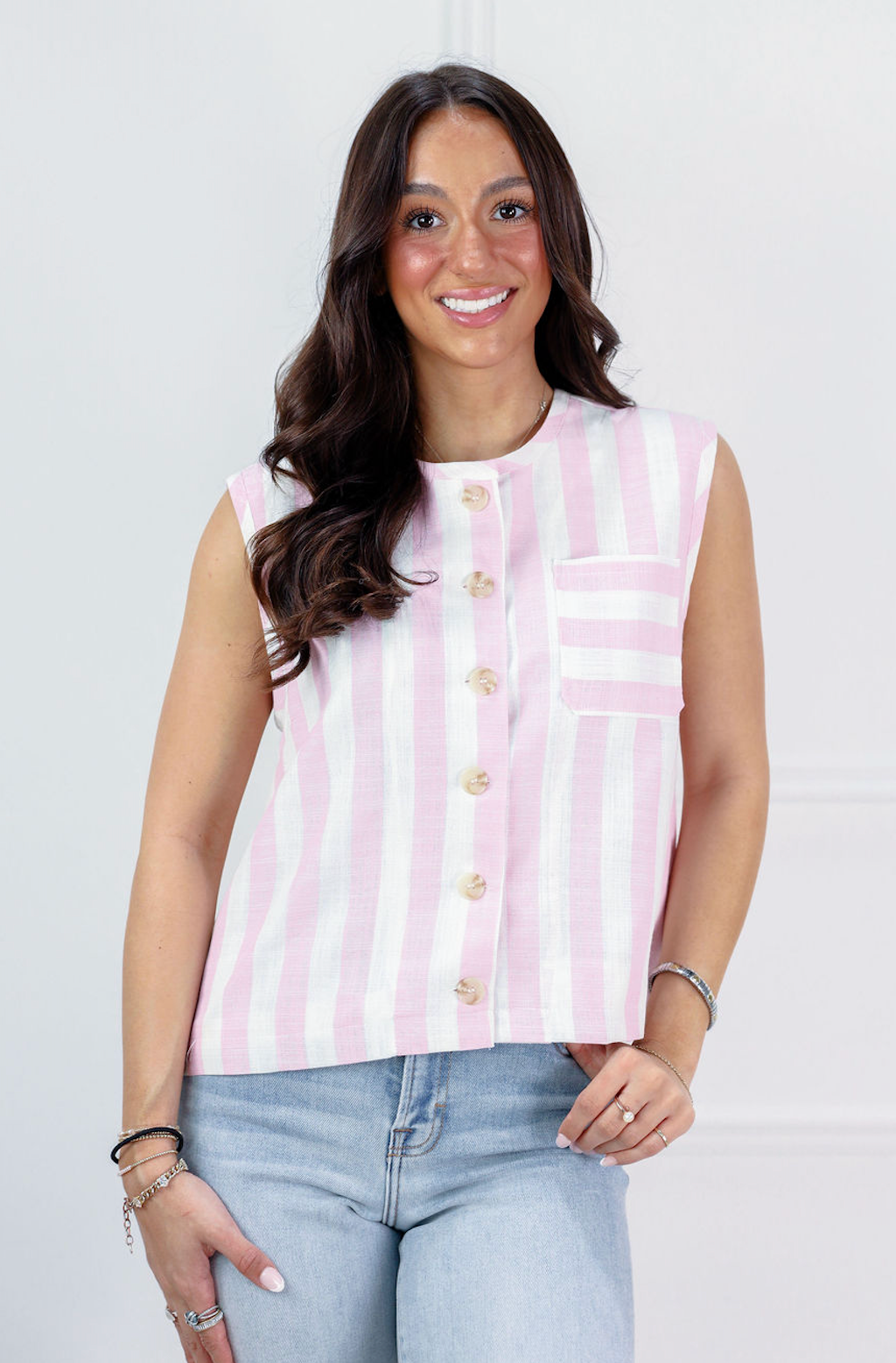 Pink Striped Button Up Vest - Clothe Boutique