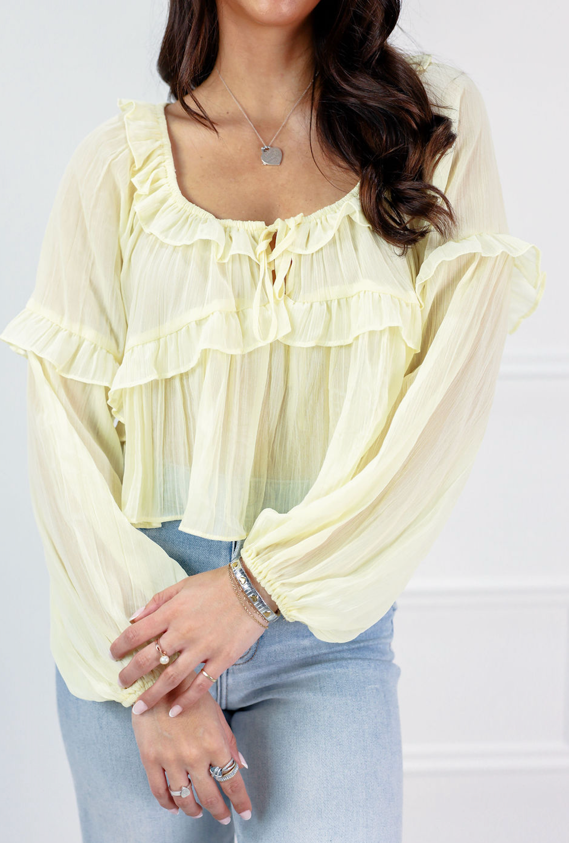 Yellow Ruffle Detail Sheer Blouse - Clothe Boutique