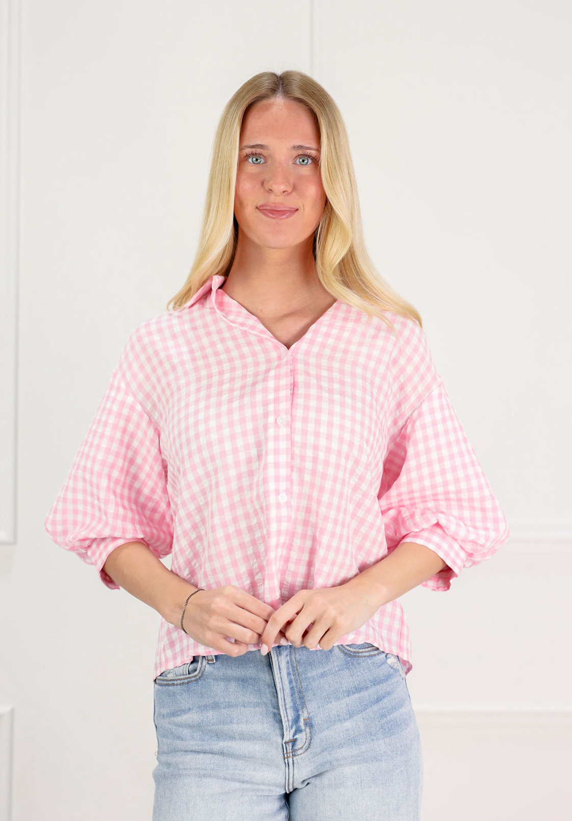 Gingham Button Down Shirt Pink/White - Clothe Boutique