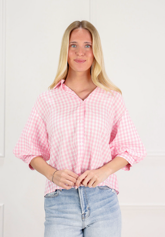 Gingham Button Down Shirt Pink/White - Clothe Boutique