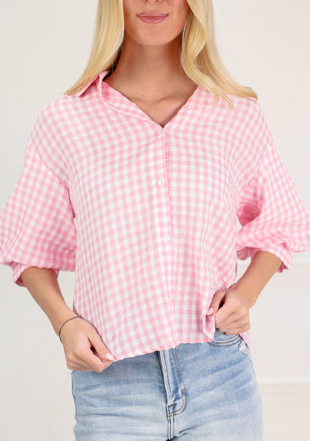 Gingham Button Down Shirt Pink/White - Clothe Boutique