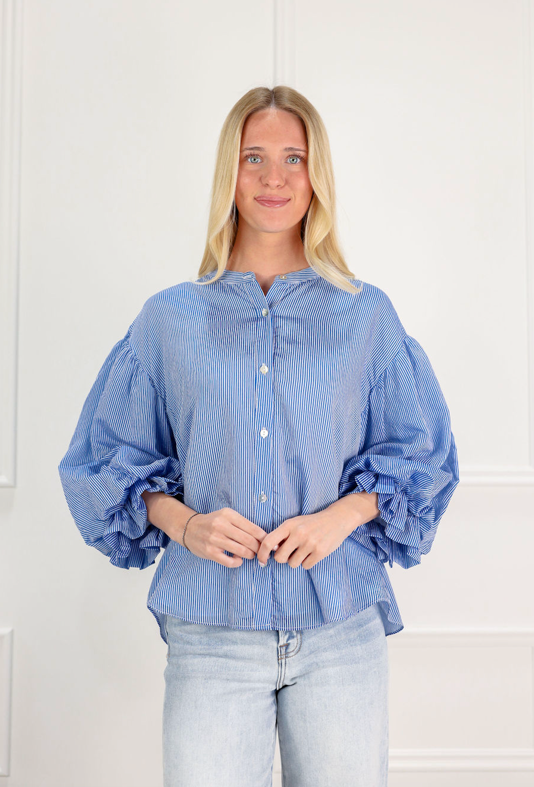 Pinstripe Bubble Sleeve Blouse Blue - Clothe Boutique