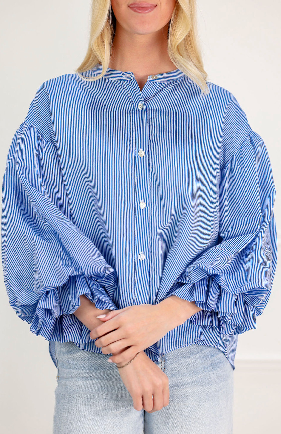 Pinstripe Bubble Sleeve Blouse Blue - Clothe Boutique