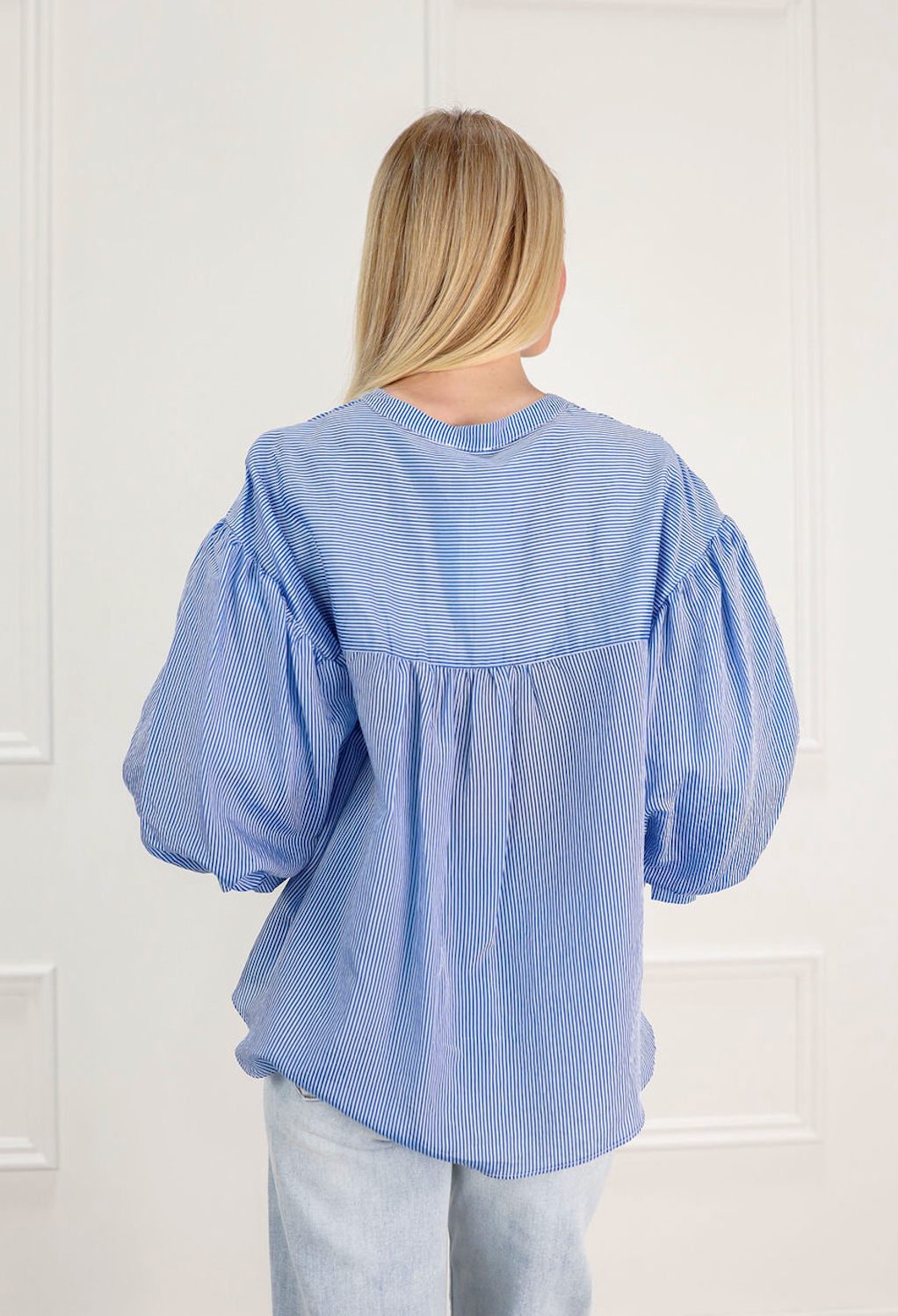 Pinstripe Bubble Sleeve Blouse Blue - Clothe Boutique