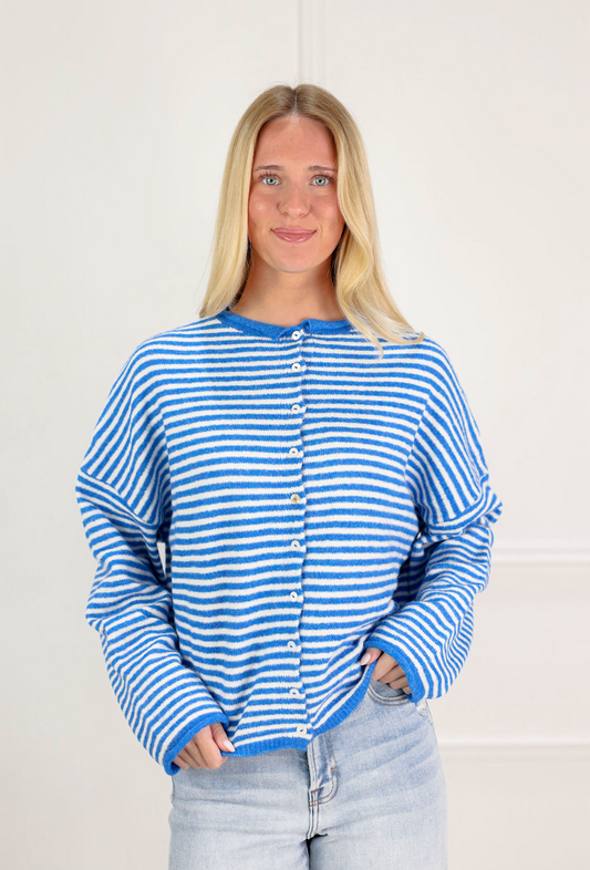 Button Down Cardi Blue Stripes - Clothe Boutique