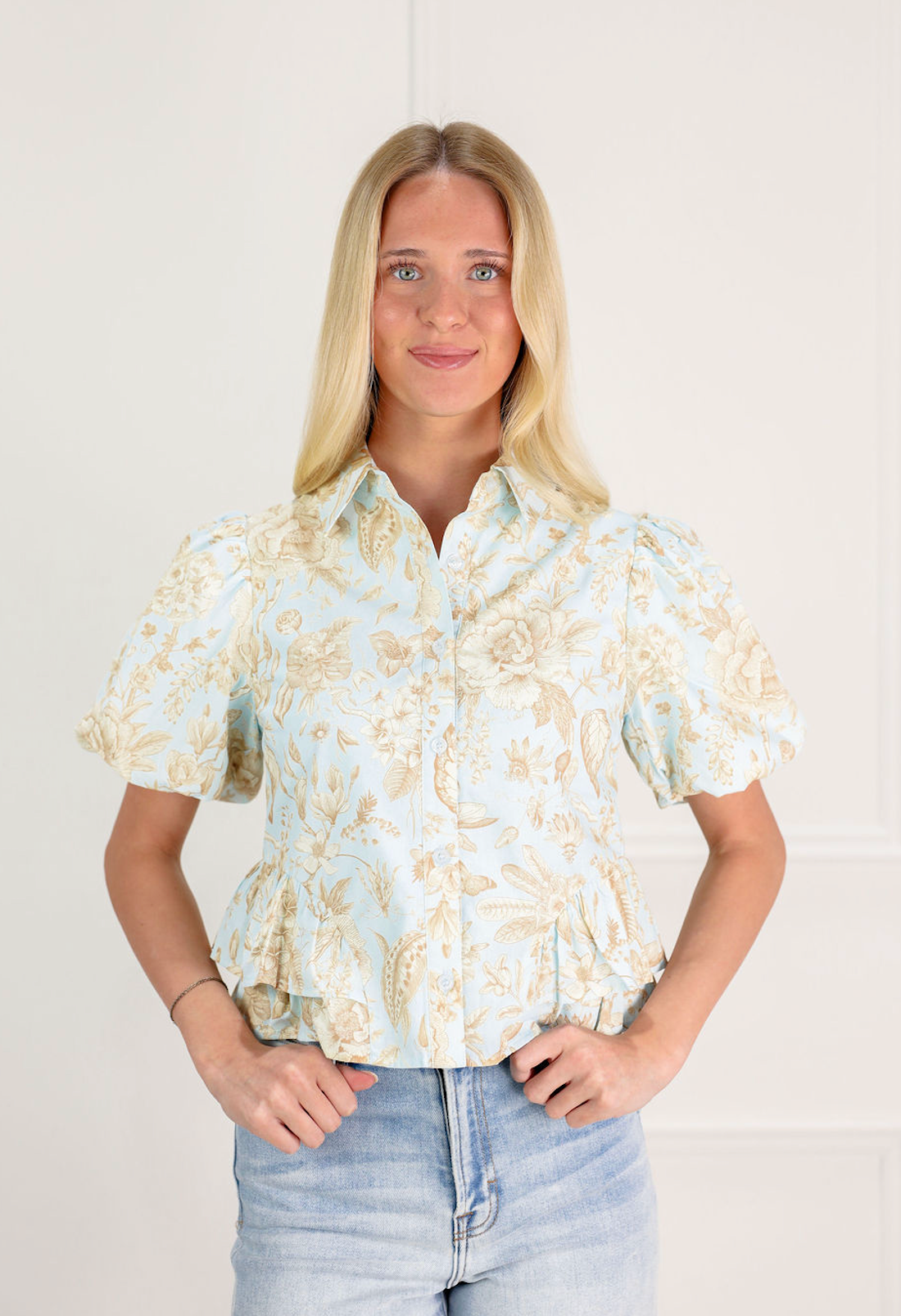 Blue Floral Peplum Button Up Top - Clothe Boutique