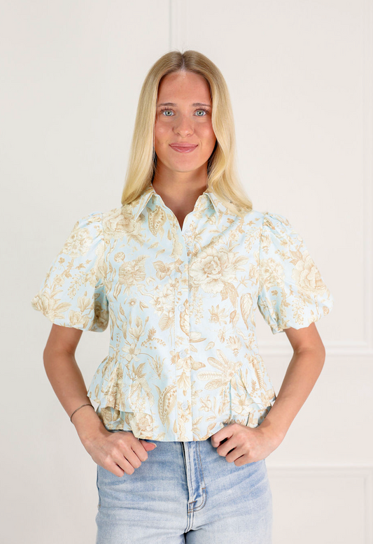 Blue Floral Peplum Button Up Top - Clothe Boutique