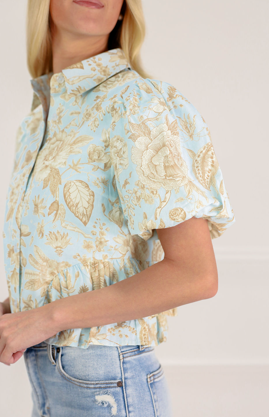 Blue Floral Peplum Button Up Top - Clothe Boutique