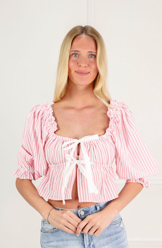 Pink Stripe Ribbon Shirt - Clothe Boutique