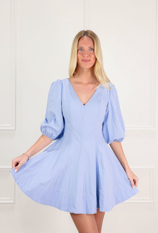 V-neck Puff Sleeve Dress Blue - Clothe Boutique