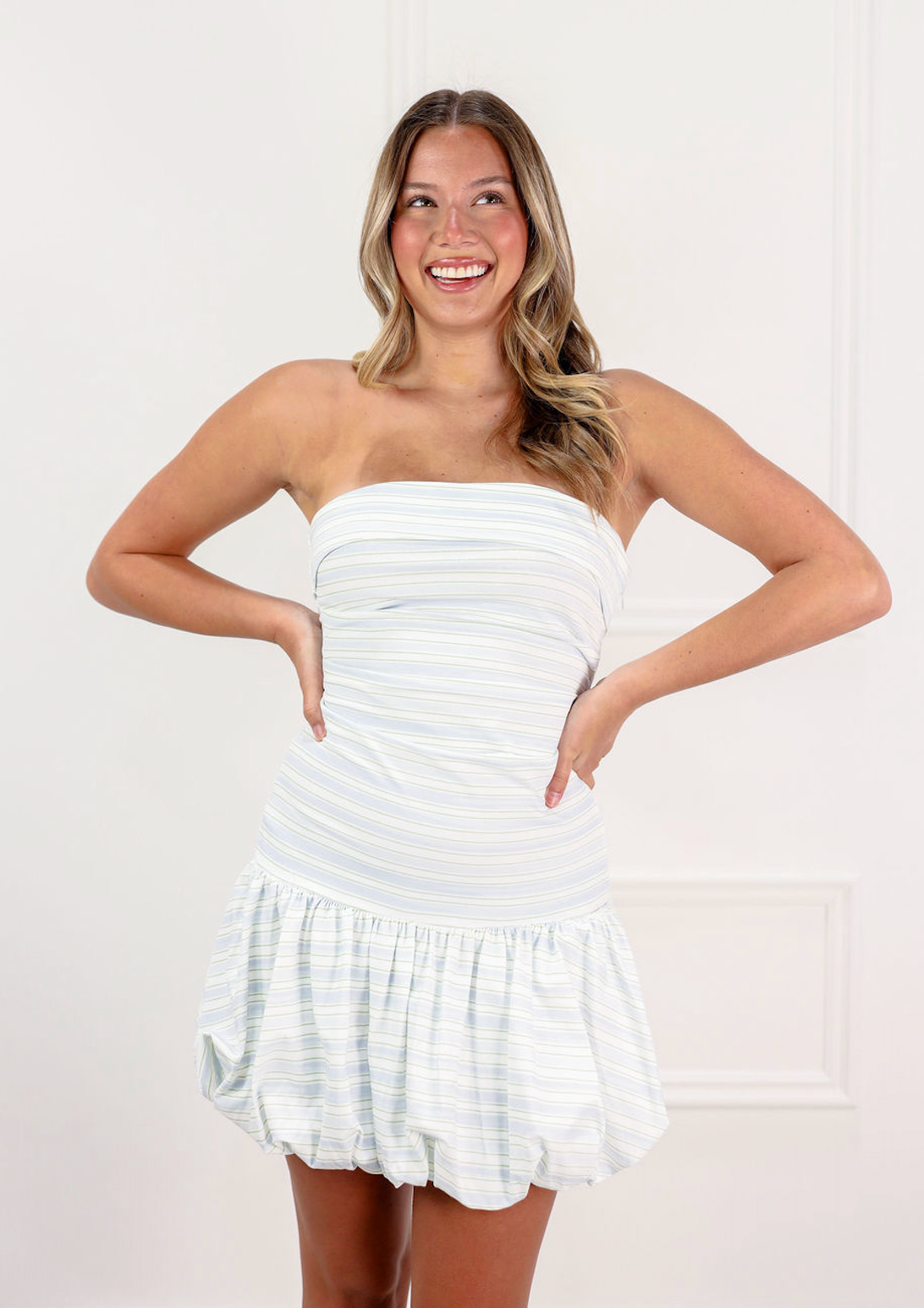 Stripe Bubble Hem Strapless Dress - Clothe Boutique