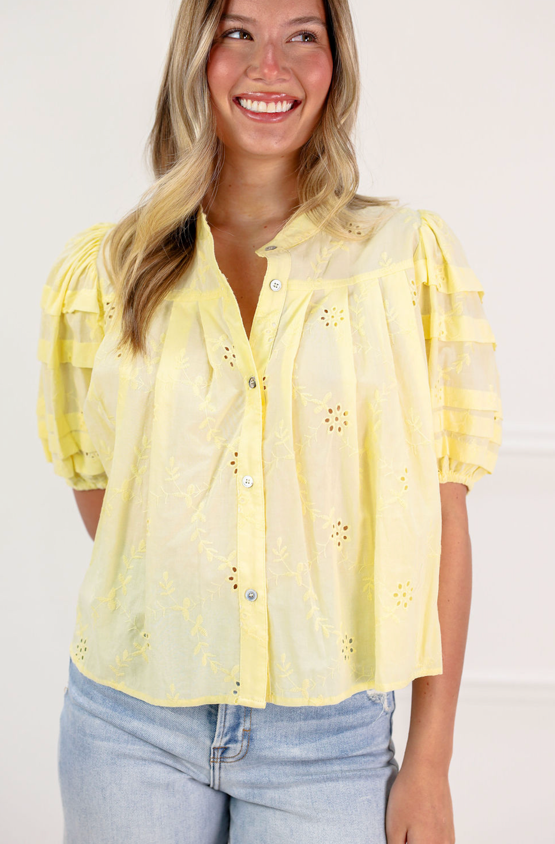Eyelet Puff Sleeve Blouse Butter - Clothe Boutique