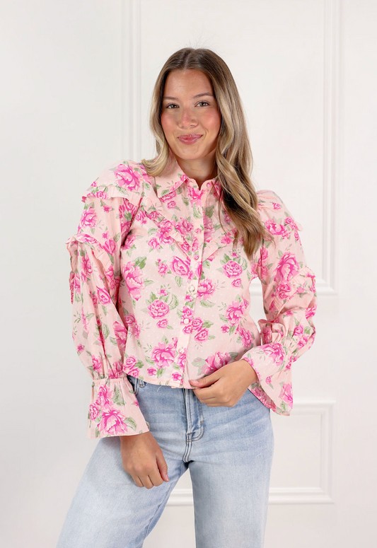 Pink Floral Ruffle Trim Blouse - Clothe Boutique