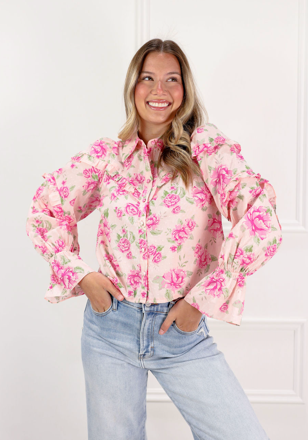 Pink Floral Ruffle Trim Blouse - Clothe Boutique