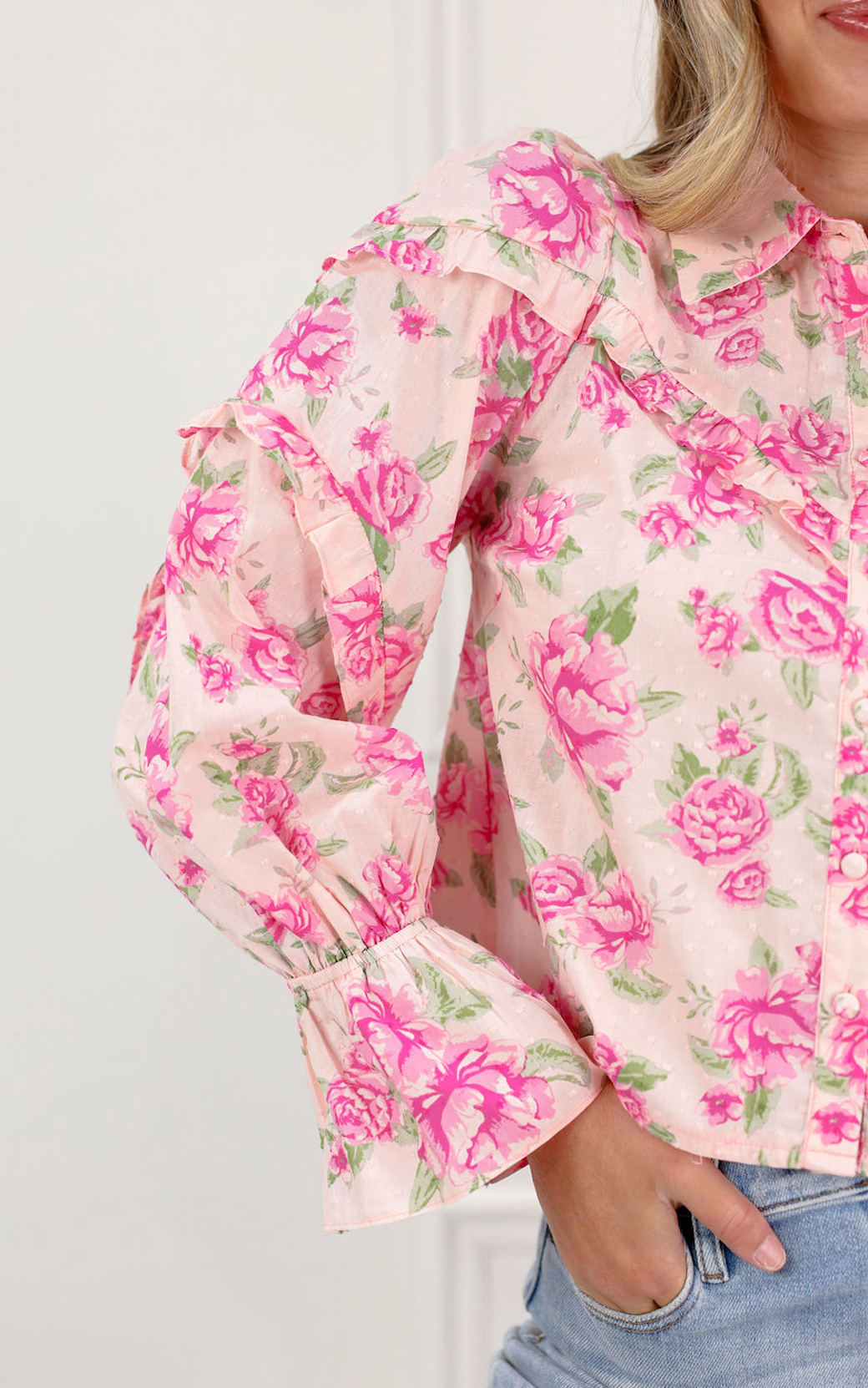 Pink Floral Ruffle Trim Blouse - Clothe Boutique