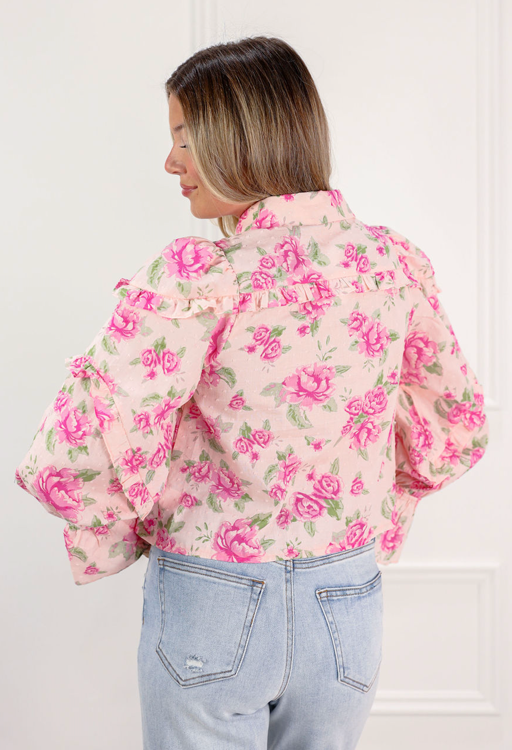 Pink Floral Ruffle Trim Blouse - Clothe Boutique