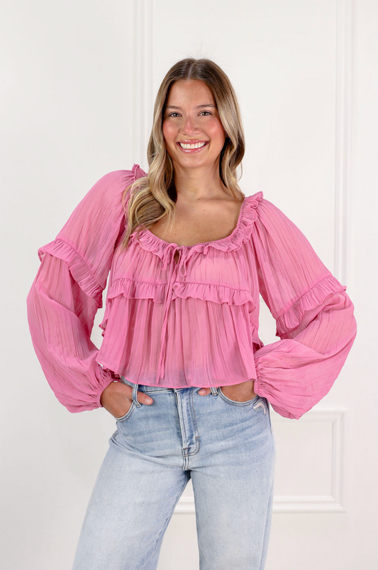 Pink Ruffle Detail Sheer Blouse - Clothe Boutique