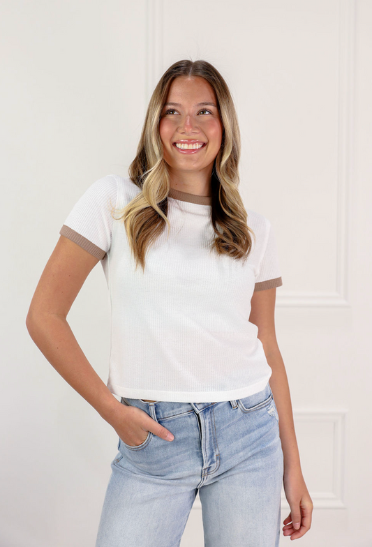 Color Combo Waffle Top White/Mocha - Clothe Boutique