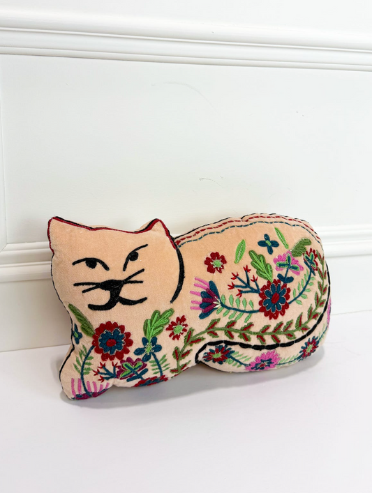 Embroidered Cat Shaped Velvet Pillow