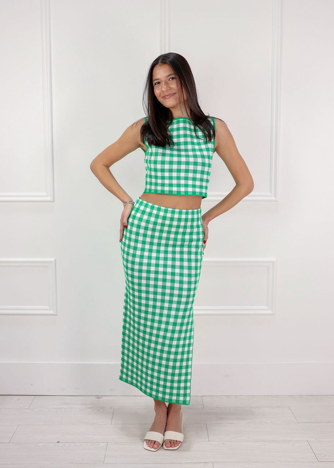 Gingham Top & Midi Skirt Set of 2 Green - Clothe Boutique