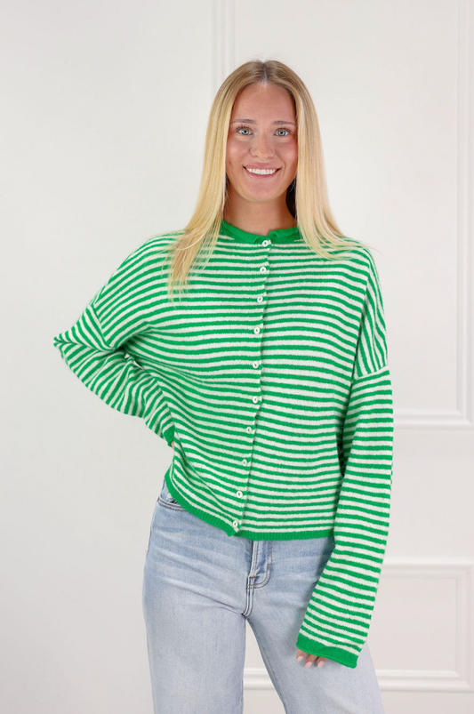 Button Down Cardi Green Stripes - Clothe Boutique