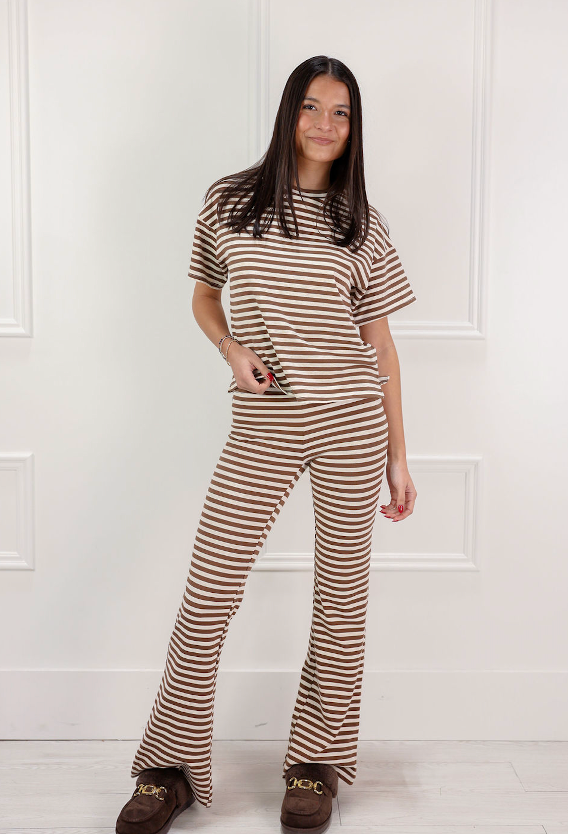 Ribbed Striped T-Shirt and Pants Set of 2 Brown - Clothe Boutique