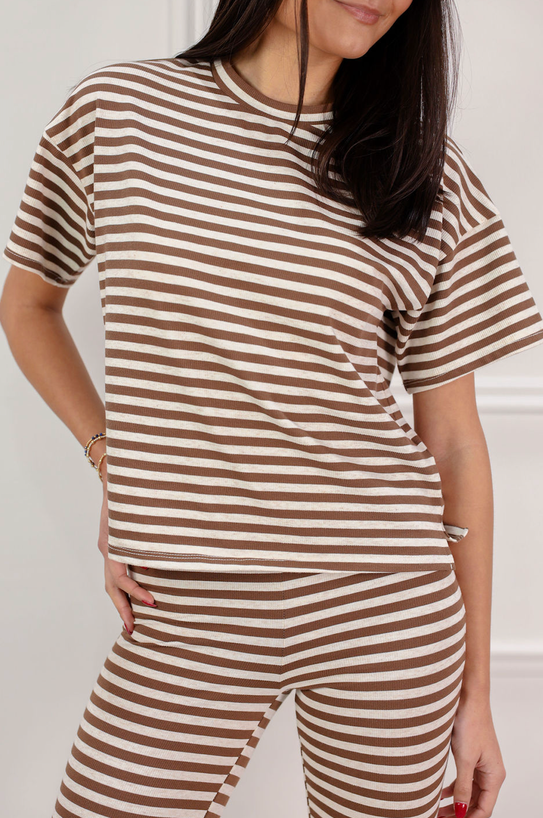 Ribbed Striped T-Shirt and Pants Set of 2 Brown - Clothe Boutique