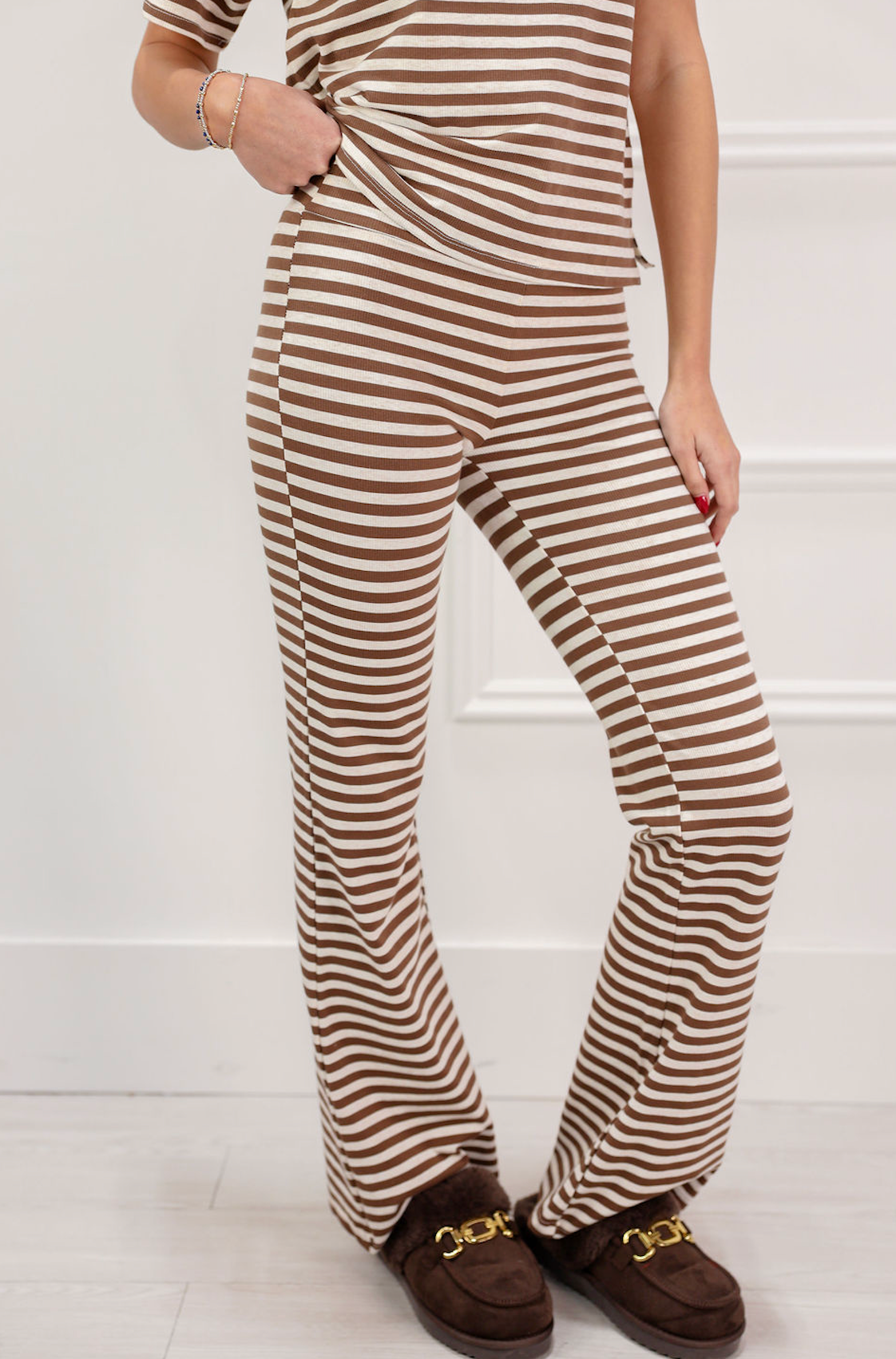 Ribbed Striped T-Shirt and Pants Set of 2 Brown - Clothe Boutique