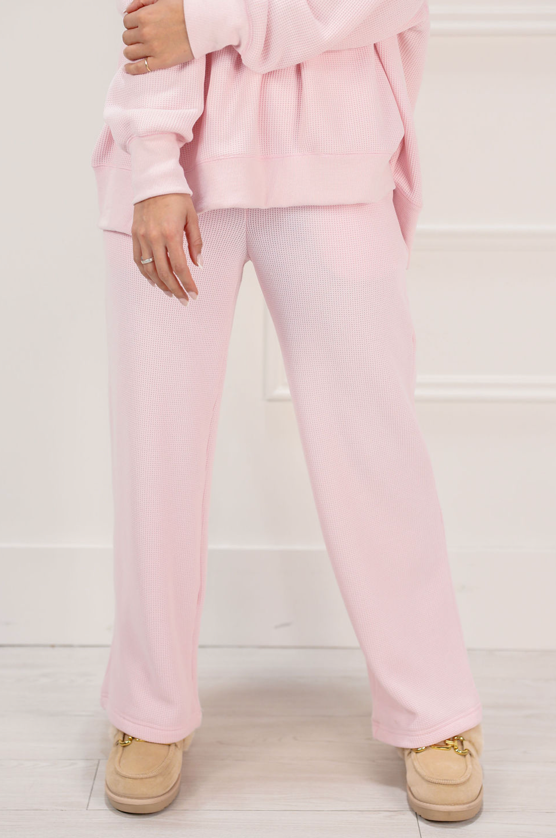 Waffle Knit Wide Leg Pants Pale Pink - Clothe Boutique
