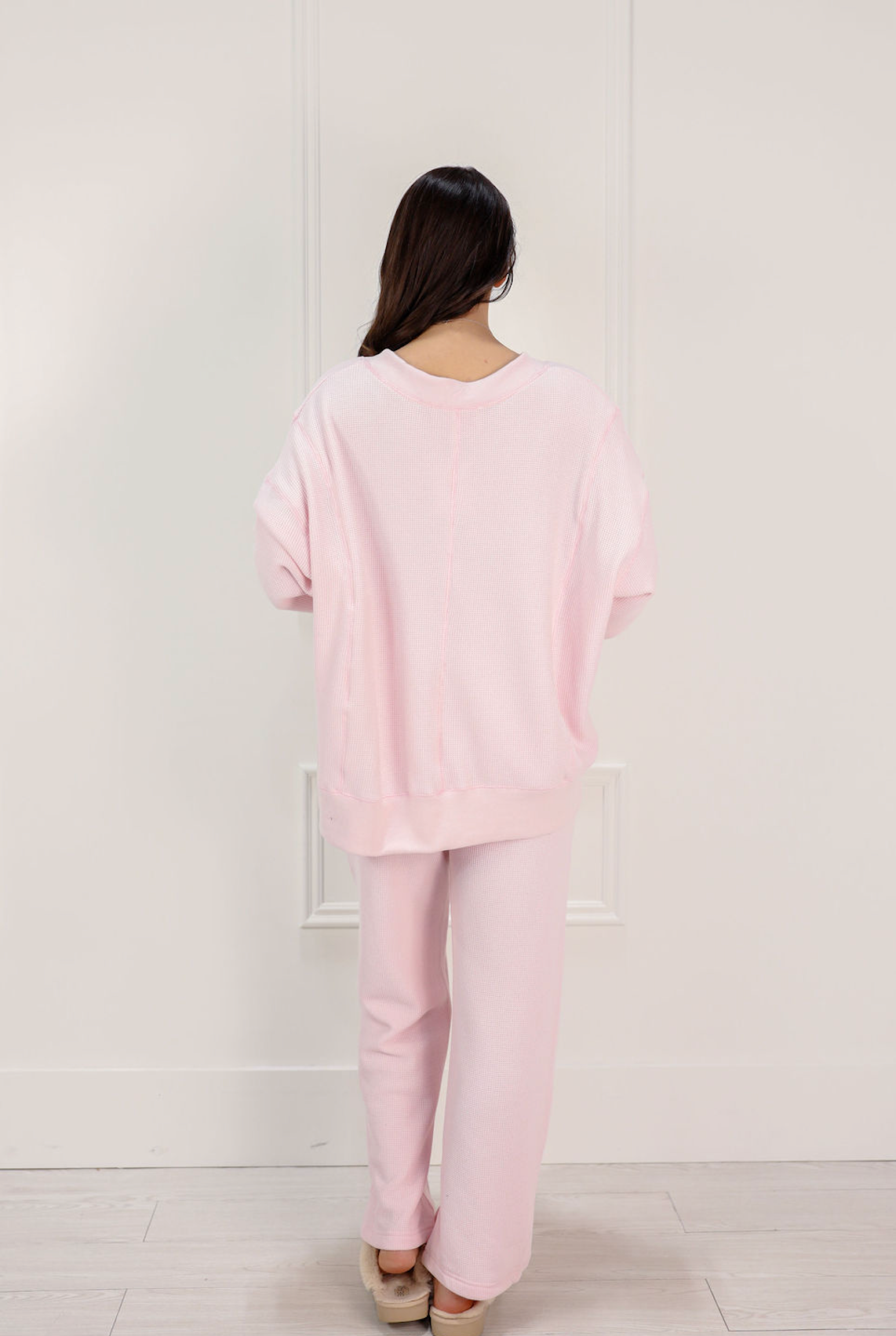 Waffle Knit Wide Leg Pants Pale Pink - Clothe Boutique