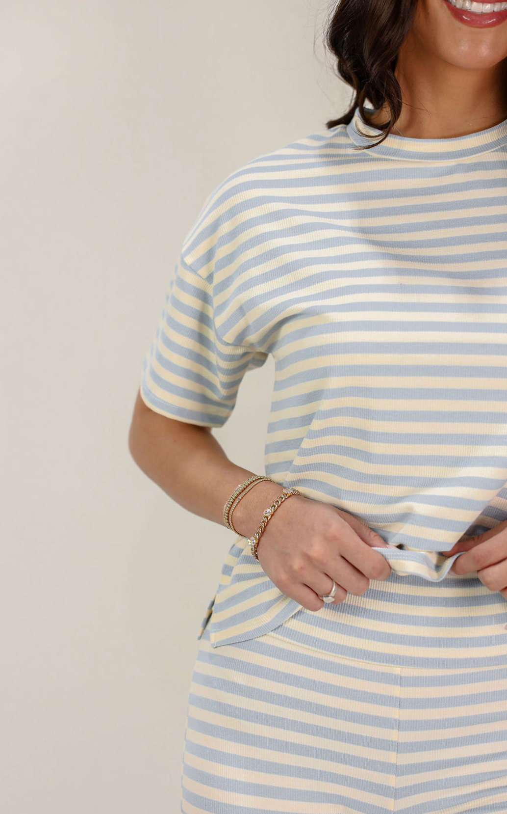 Ribbed Striped T-Shirt and Pants Set of 2 Blue - Clothe Boutique