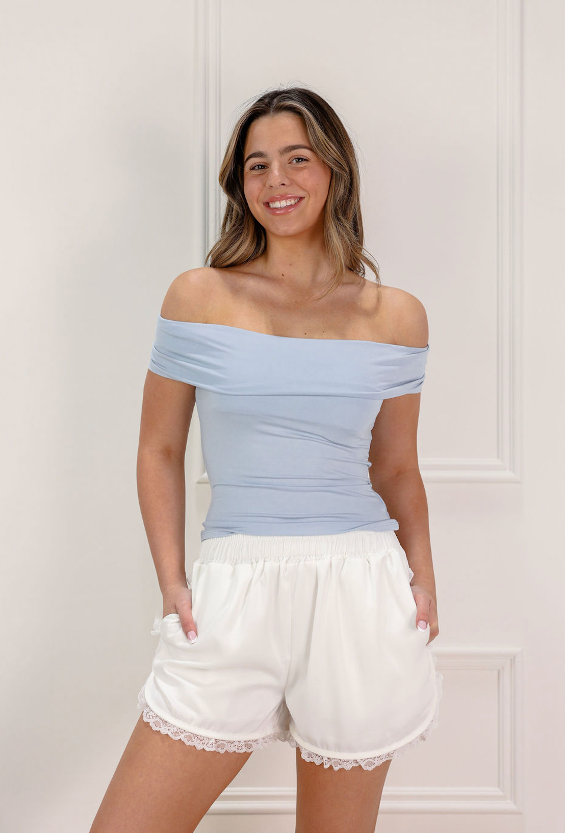 Satin Lace Trim Shorts White - Clothe Boutique
