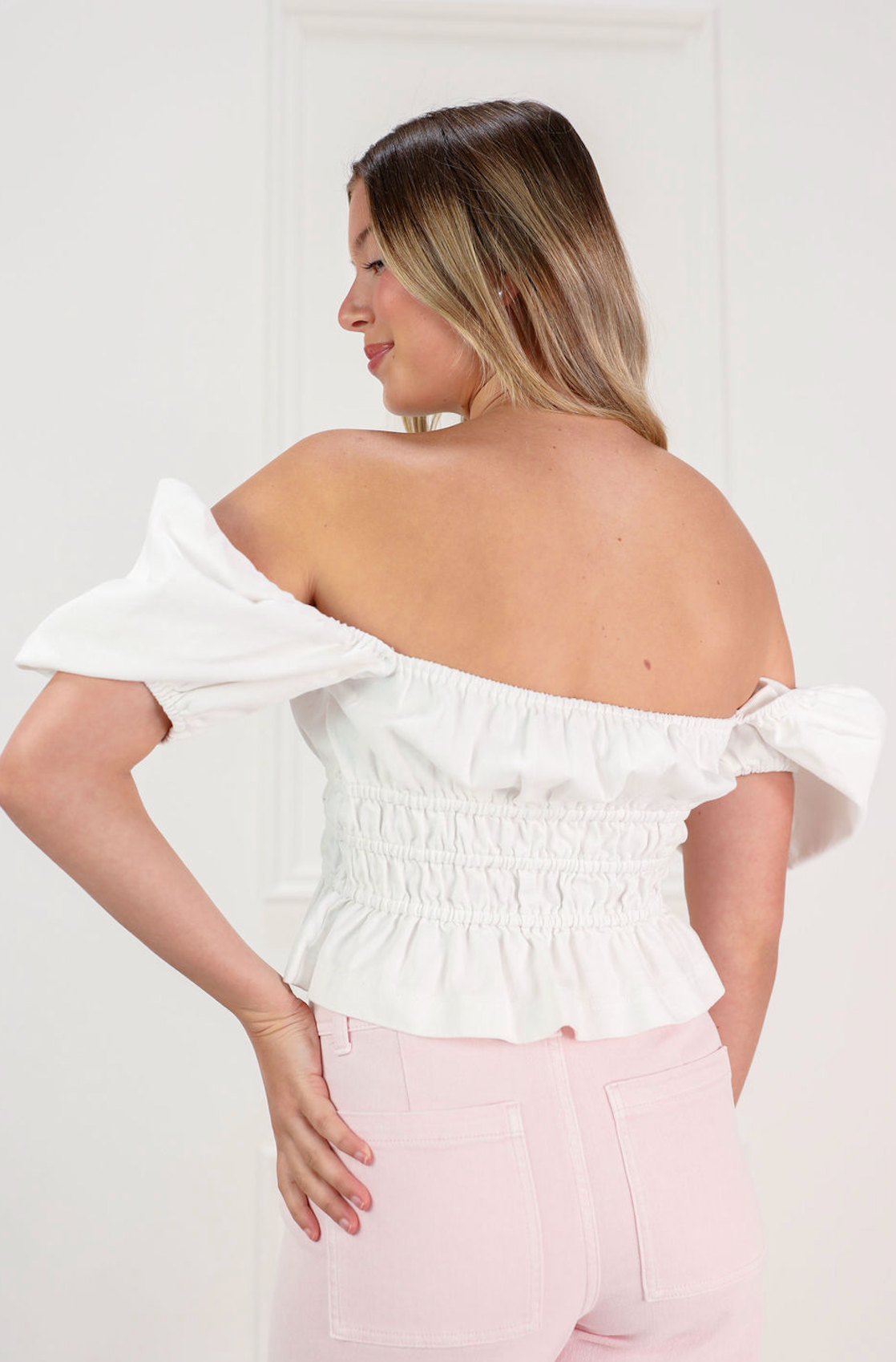 Puff Sleeve Smocked Top White - Clothe Boutique