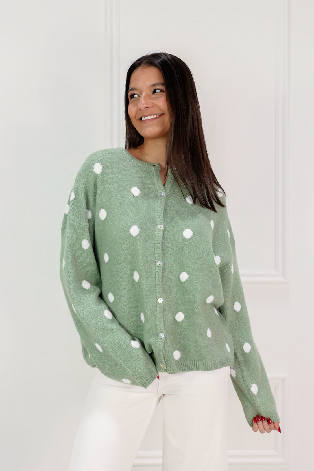 Polka Dot Cardigan Sweater Sage/Ivory - Clothe Boutique